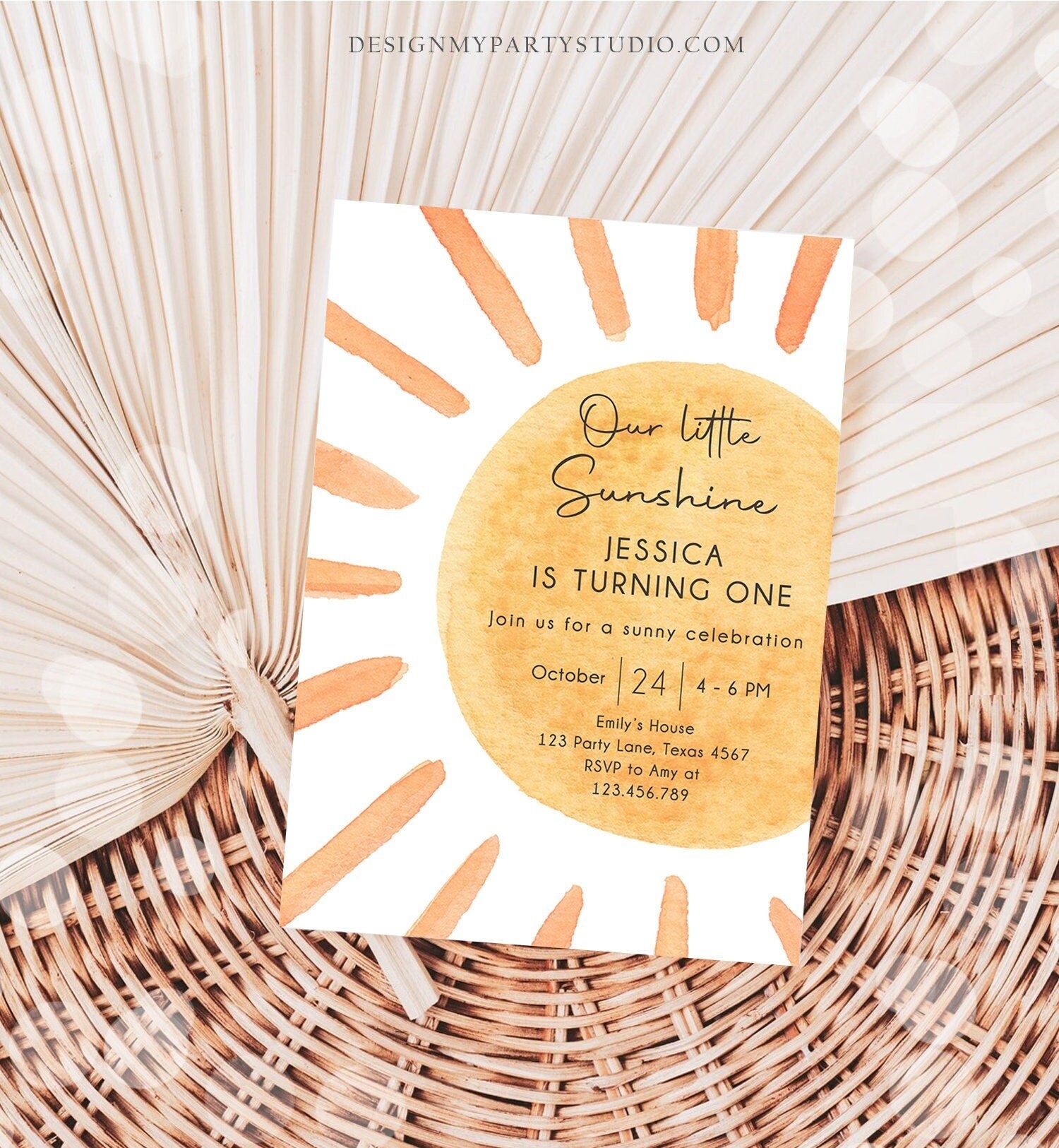 Editable Our Little Sunshine Birthday Invitation 1st Summer Sunshine Party Neutral Boho Digital Download Evite Template Printable 0431