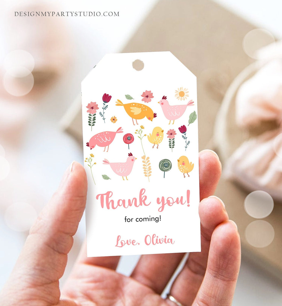 Editable Little Chick Favor Tag Birthday Thank You Girl Spring Birthday Farm Barnyard Chicken Easter Digital Template Printable 0446