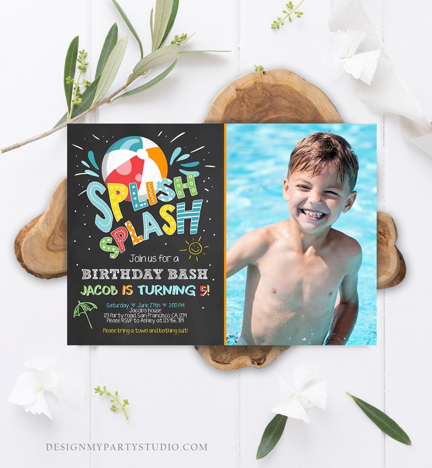 Editable Splish Splash Birthday Invitation Pool Party Boy Beach Ball Summer Blue Bash Digital Download Evite Template Printable 0169