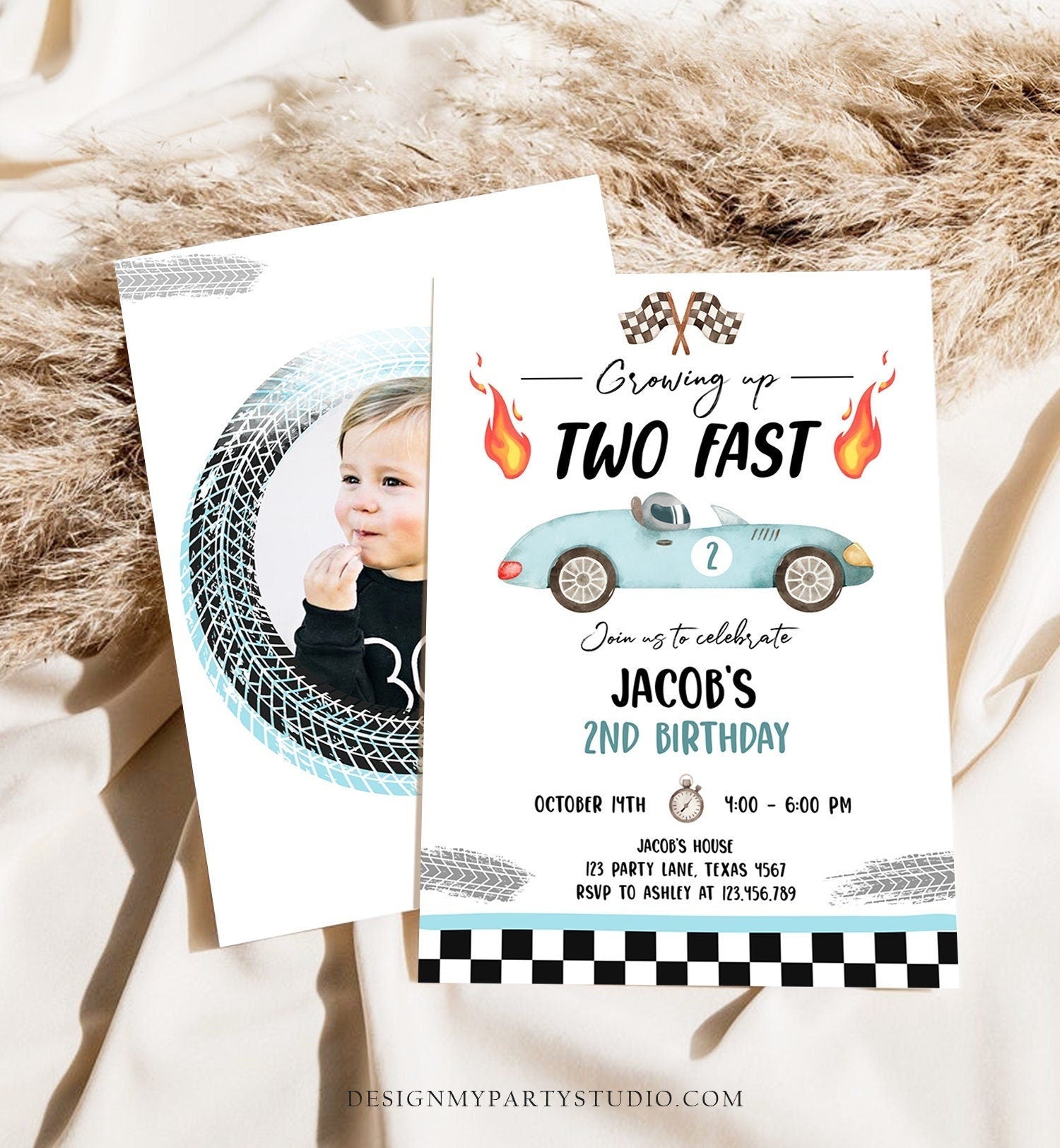 Editable Racing Car Birthday Invitation Growing Up Two Fast Second Birthday 2nd Blue Race Boy Digital Download Evite Template Printable 0424
