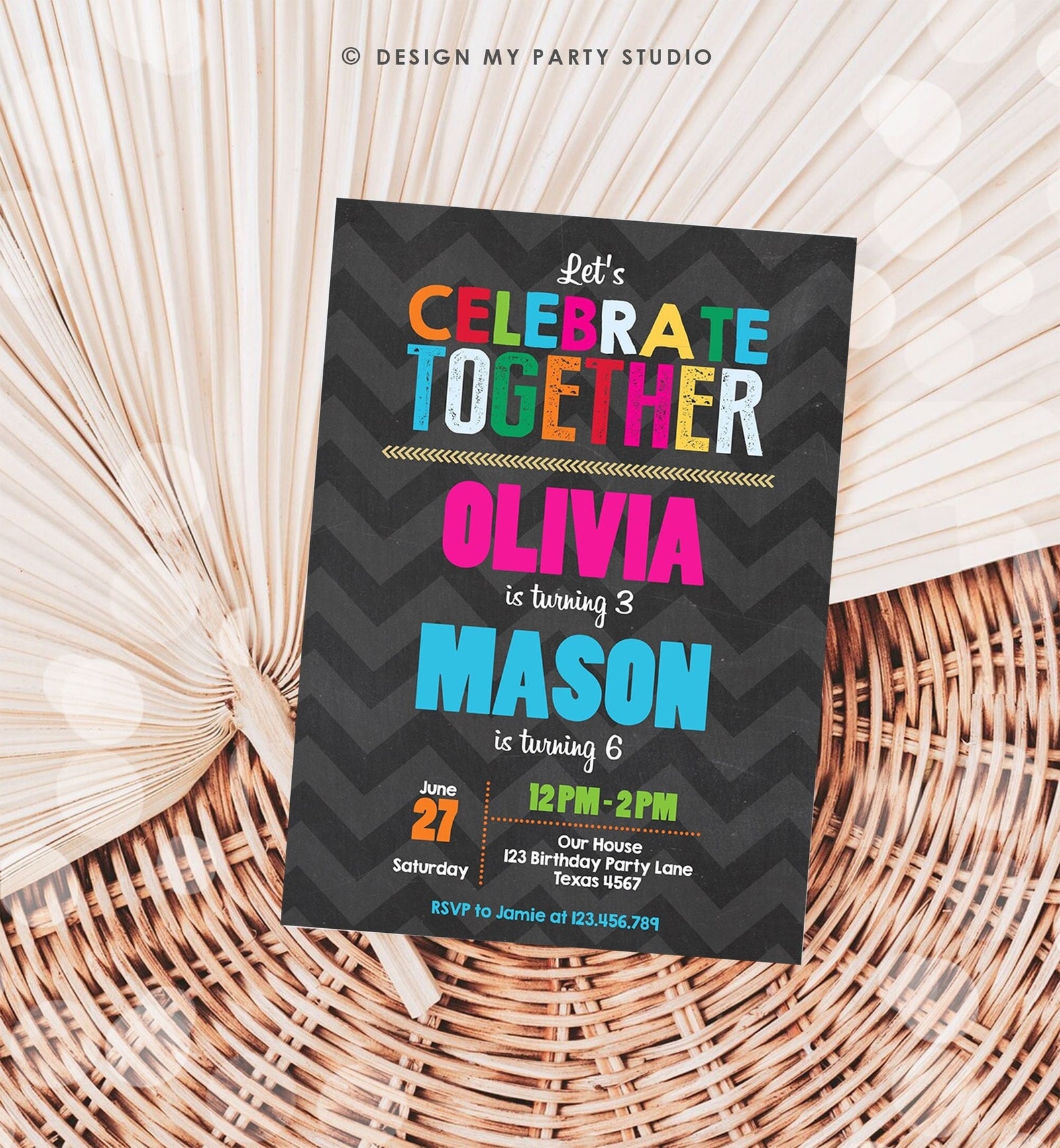 Editable Siblings Birthday Invitation Twins Birthday Party Dual Joint Boy Girl Party Rainbow Digital Download Template Printable 0087