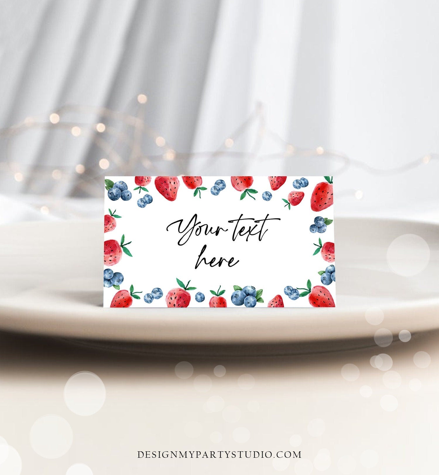 Editable Strawberry Blueberry Food Label Birthday Place Card Food Tent Farmers Market Fruit Berry Sweet Girl Digital Template Printable 0399