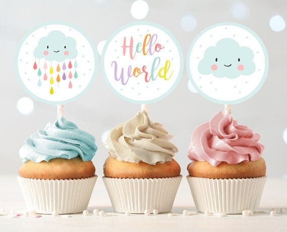Cloud Cupcake Toppers Baby Shower Favor Tag Sticker Baby Sprinkle Rainbow Raindrops Neutral Digital Download Printable 0036