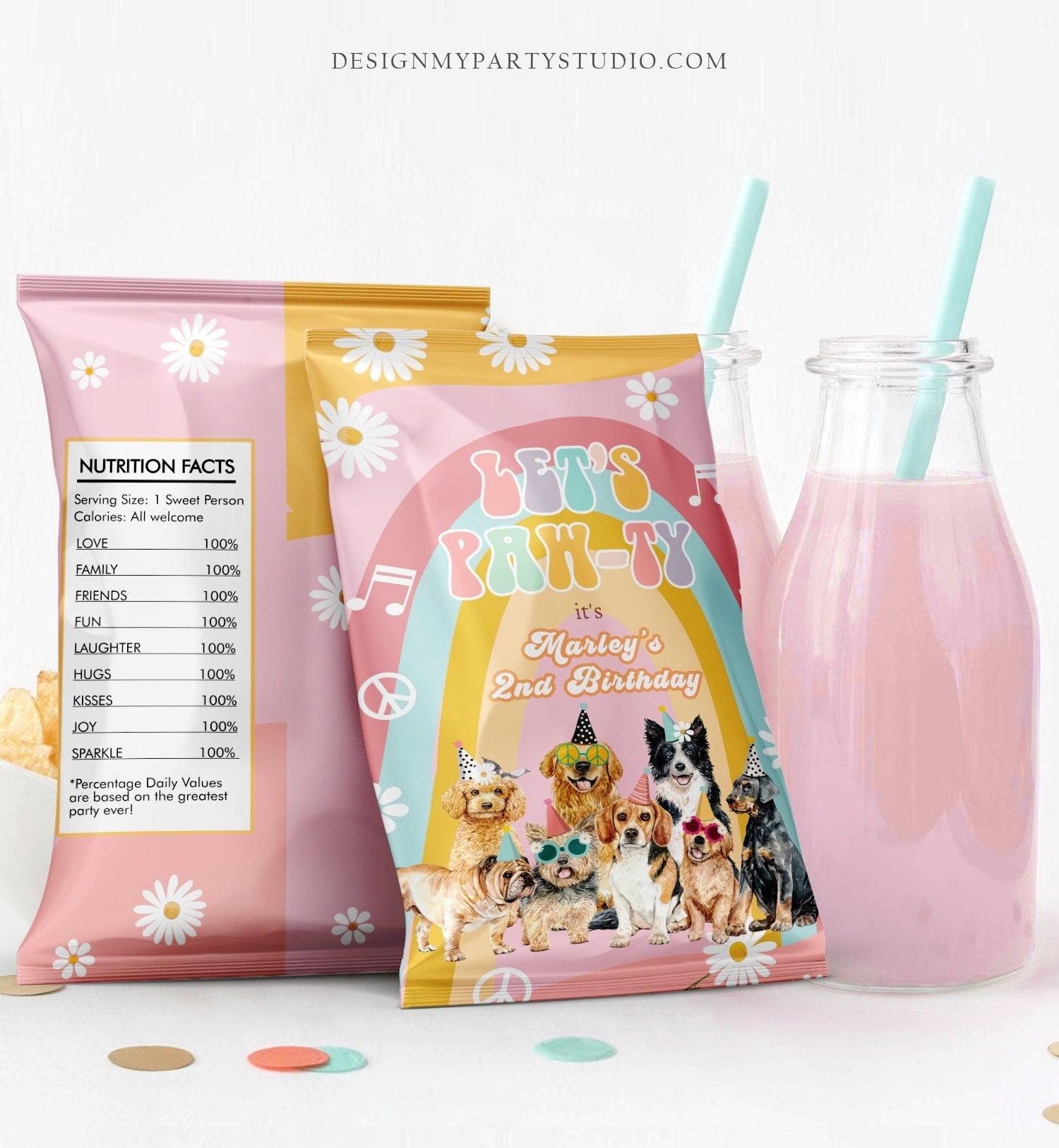 Editable Groovy Dog Chip Bag Retro Puppy Party Decor Girl Pawty Birthday Party Snack Favors Pet Doggy Digital Template Printable 0463