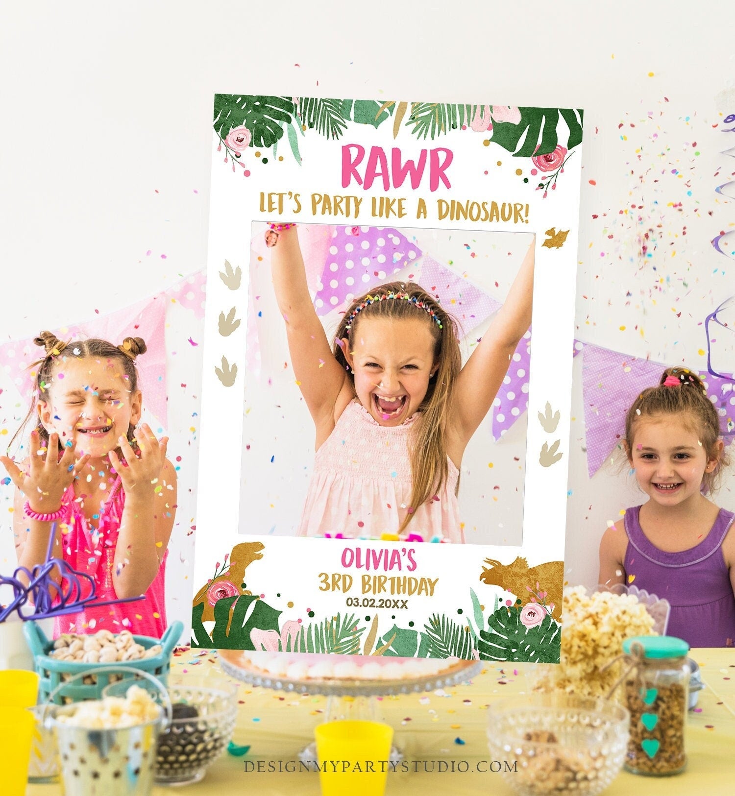 Editable Dinosaur Birthday Photo Prop Frame Pink Gold Girls Birthday Dino Party Photo Booth Decor RAWR Corjl Template Printable 0146