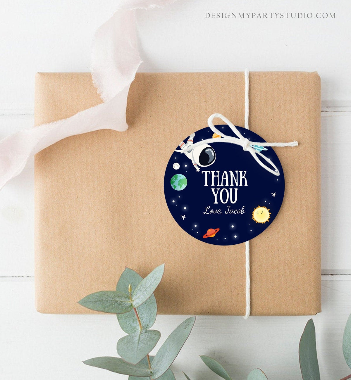 Editable Boy Space Astronaut Favor Tag Thank You Tag Birthday Party Outer Space Galaxy Planets and Stars Round Square Corjl Template 0259