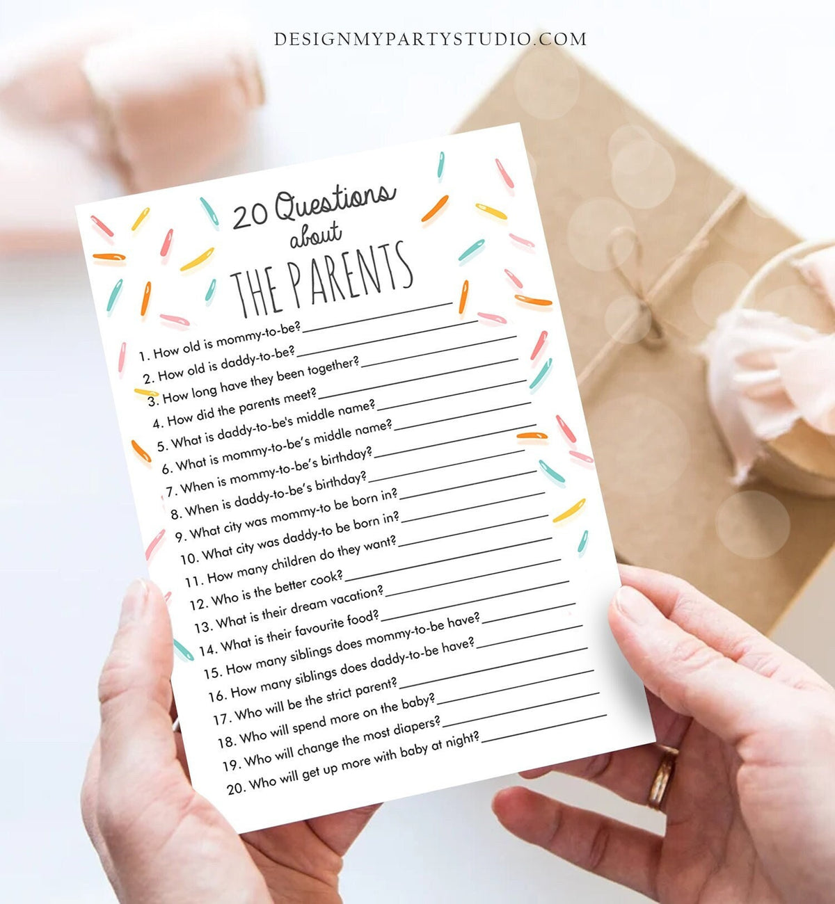Editable 20 Questions About the Parents Baby Sprinkle Game Baby Shower Gender Neutral Sprinkles Rainbow Digital Template Printable 0216