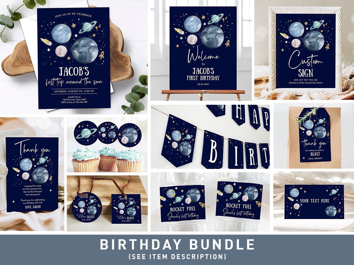 Space Birthday Invitation Bundle Space Party 1st Birthday First Trip Around the Sun Galaxy Boy Astronaut Digital Template Printable 0357