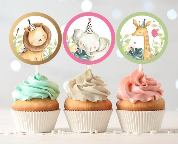 Safari Animals Cupcake Toppers Favor Tags Birthday Party Decoration Girl Animal Wild One Stickers Pink Gold Download Digital Printable 0163