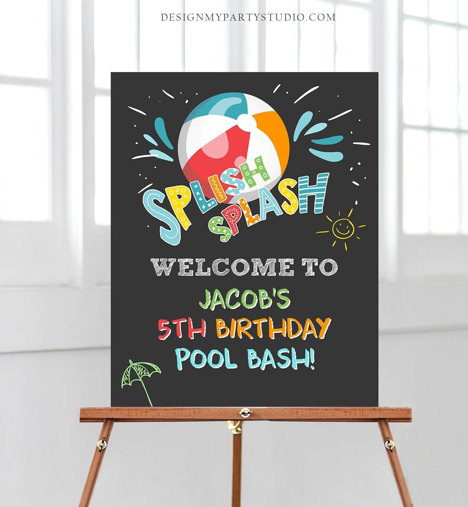 Editable Pool Party Welcome Sign Pool Party Birthday Beach Ball Pool Bash Boy Welcome Splish Splash Digital Download Template Printable 0169