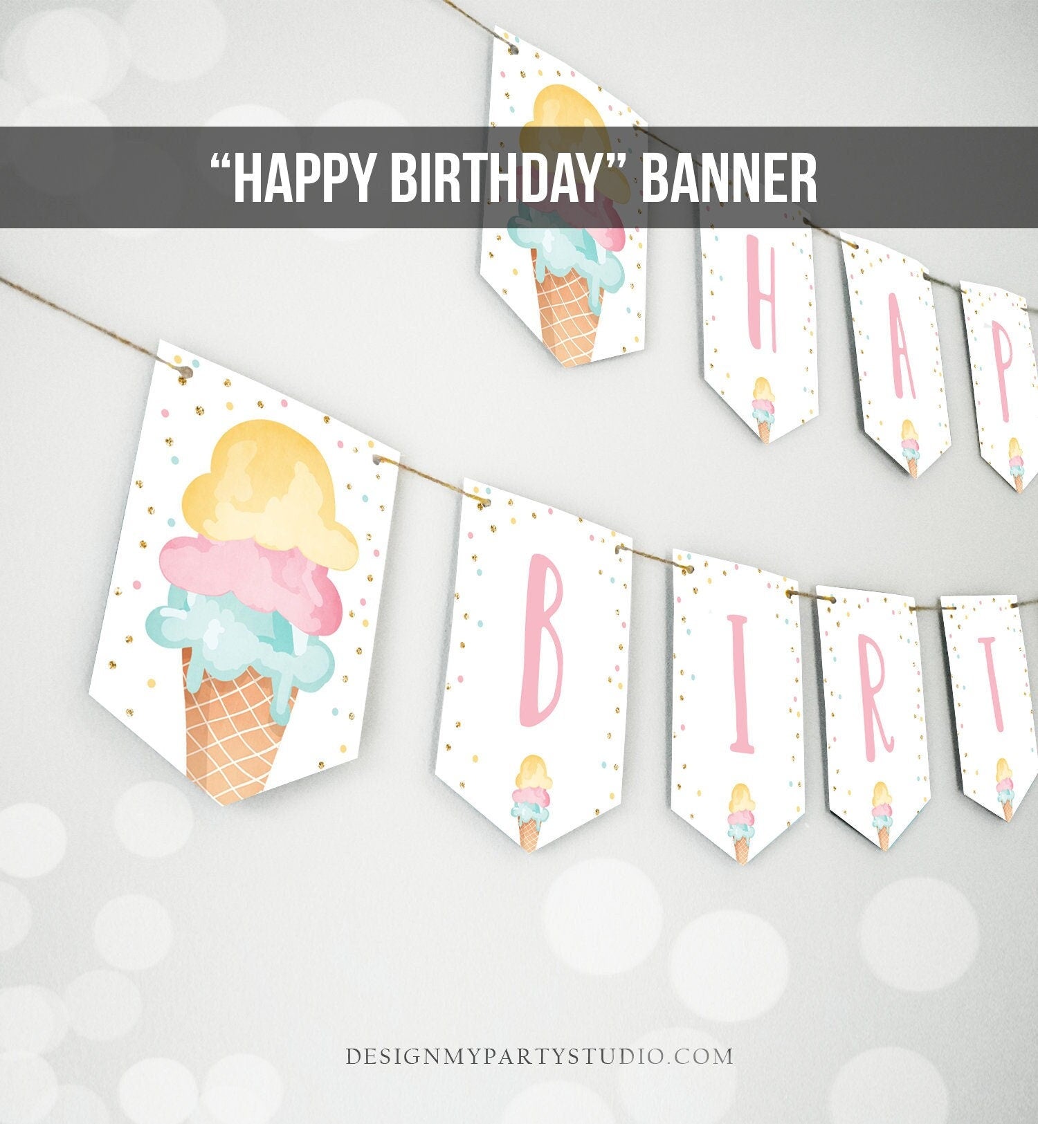 Happy Birthday Banner Pink Ice Cream Birthday Banner Ice Cream Party Girl Birthday Decorations Instant Digital Download Printable 0243