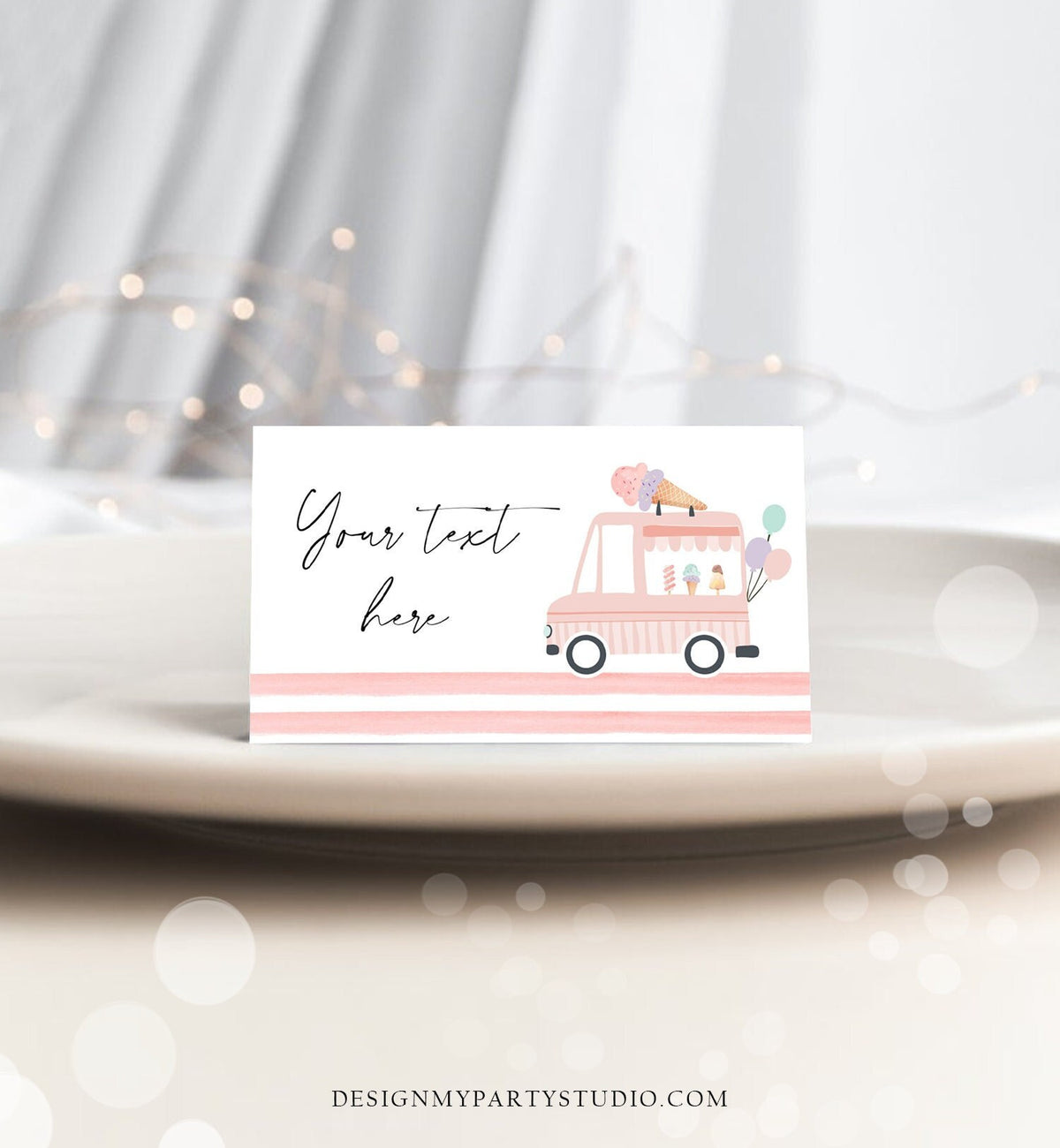 Editable Ice Cream Truck Food Label Ice Cream Birthday Food Tent Girl Pink The Scoop Buffet Card Digital Download Template Printable 0415