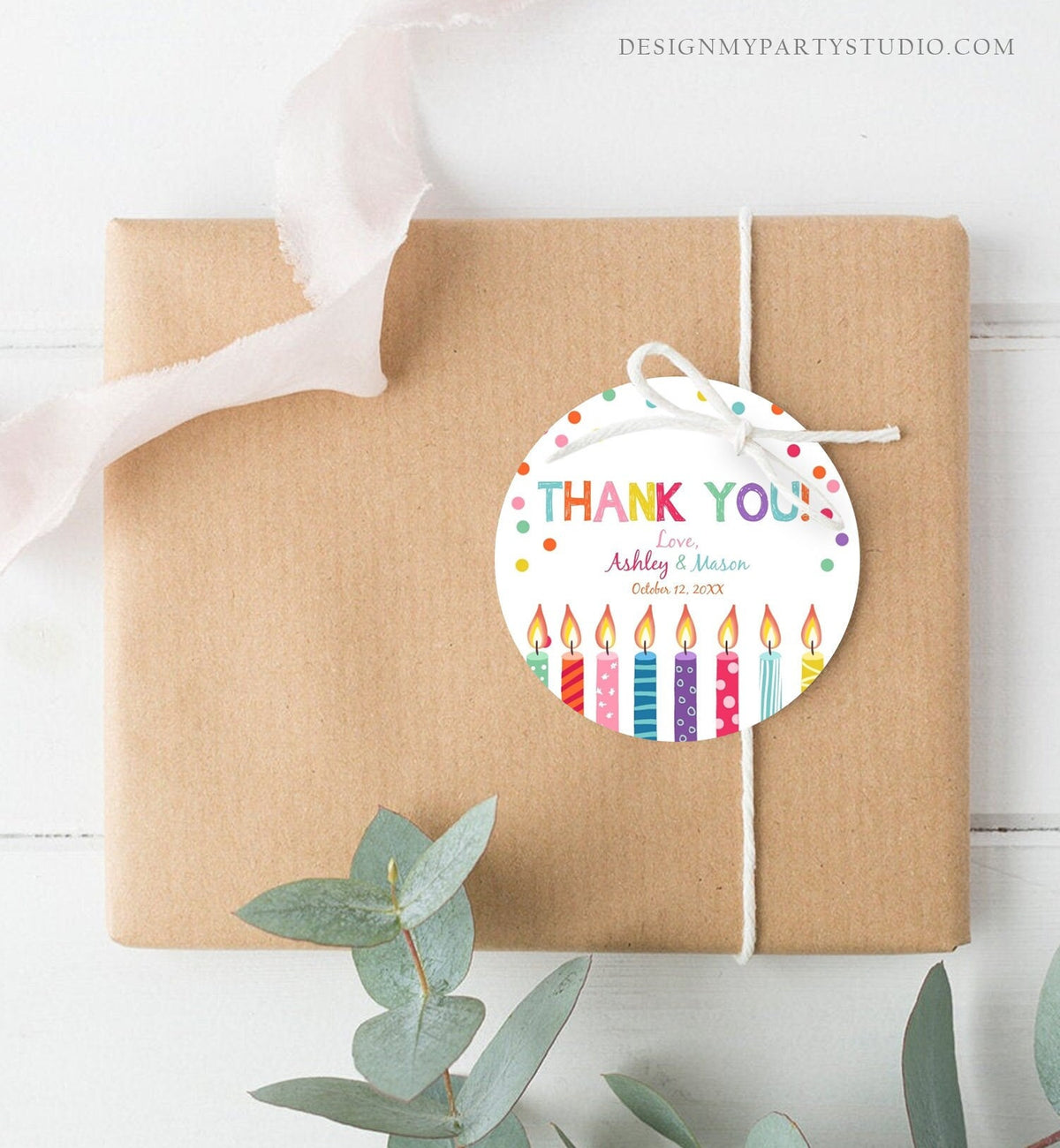 Editable Candles Confetti Favor Tags Joint Twin Birthday Thank You Tags Label Candle Colorful Square Round Corjl Template Printable 0277