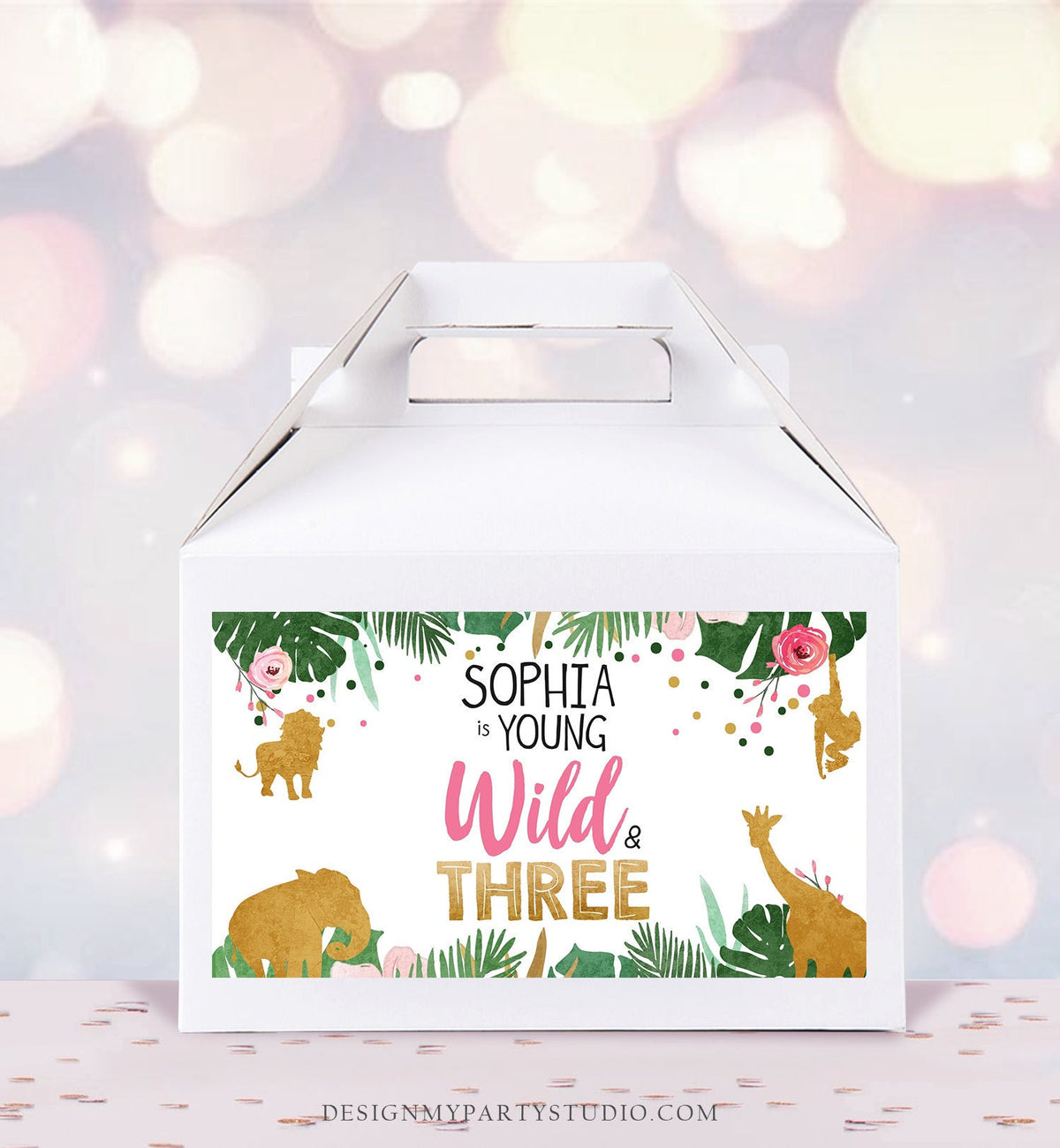 Editable Safari Animals Birthday Gable Gift Box Label Party Animals Gold Pink Young Wild Three Girl Digital Download Template Printable 0016