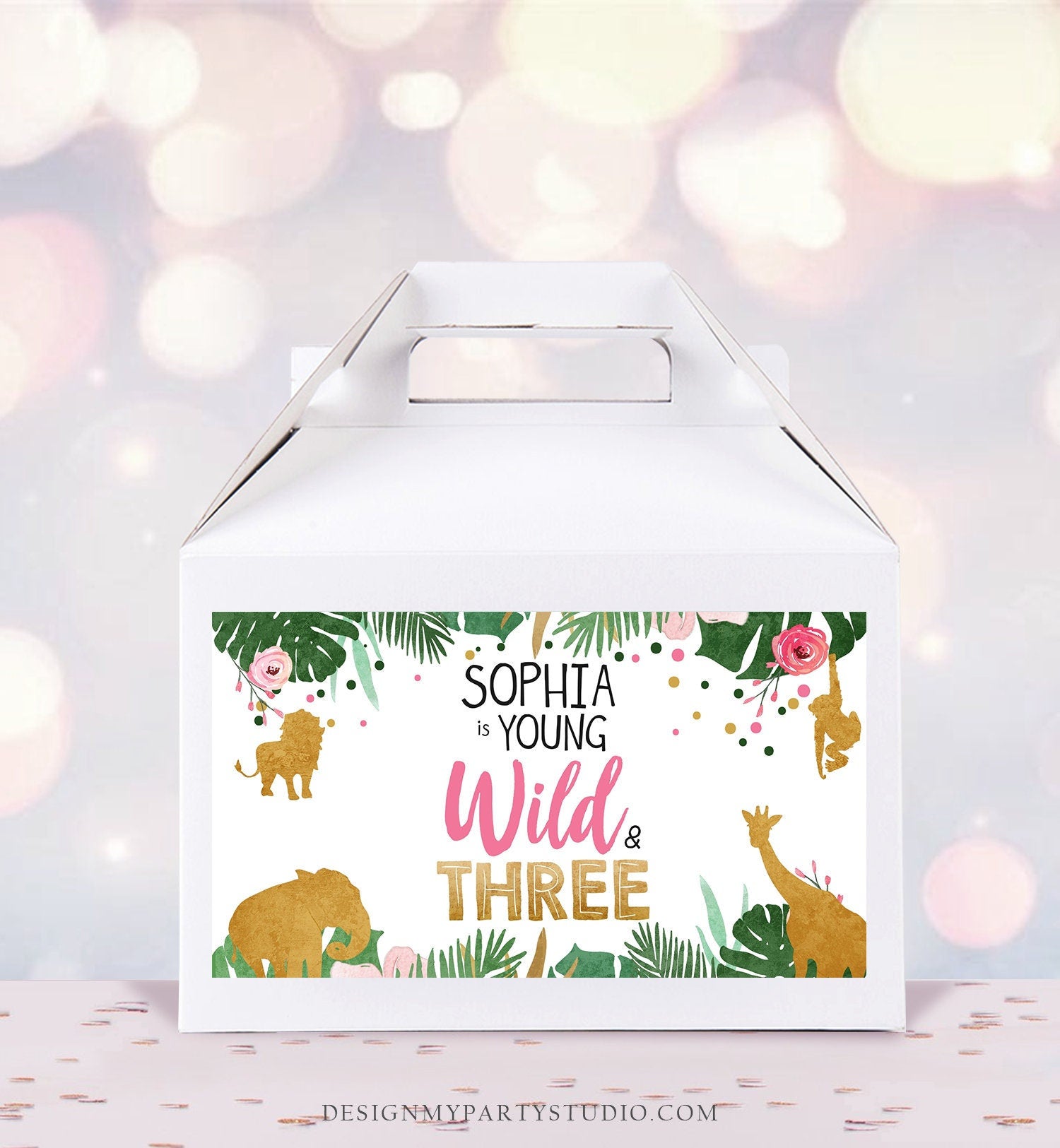 Editable Safari Animals Birthday Gable Gift Box Label Party Animals Gold Pink Young Wild Three Girl Digital Download Template Printable 0016