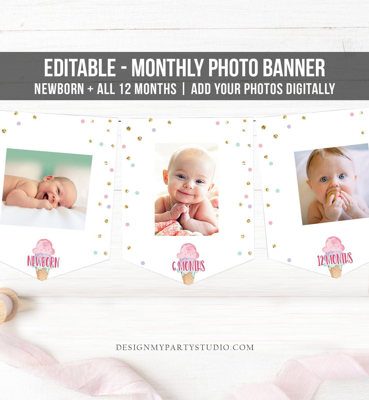 Editable Ice Cream Monthly Photo Banner First Birthday Girl Pink Gold Sweet One Teal Decor Instant Digital Download Template Printable 0243