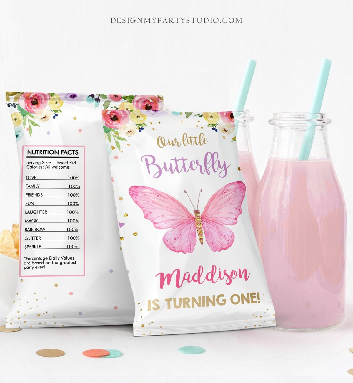 Editable Butterfly Chip Bag Birthday Party Baby Shower Decor Girl Watercolor Purple Lavender Snack Favors Digital Template Printable 0162