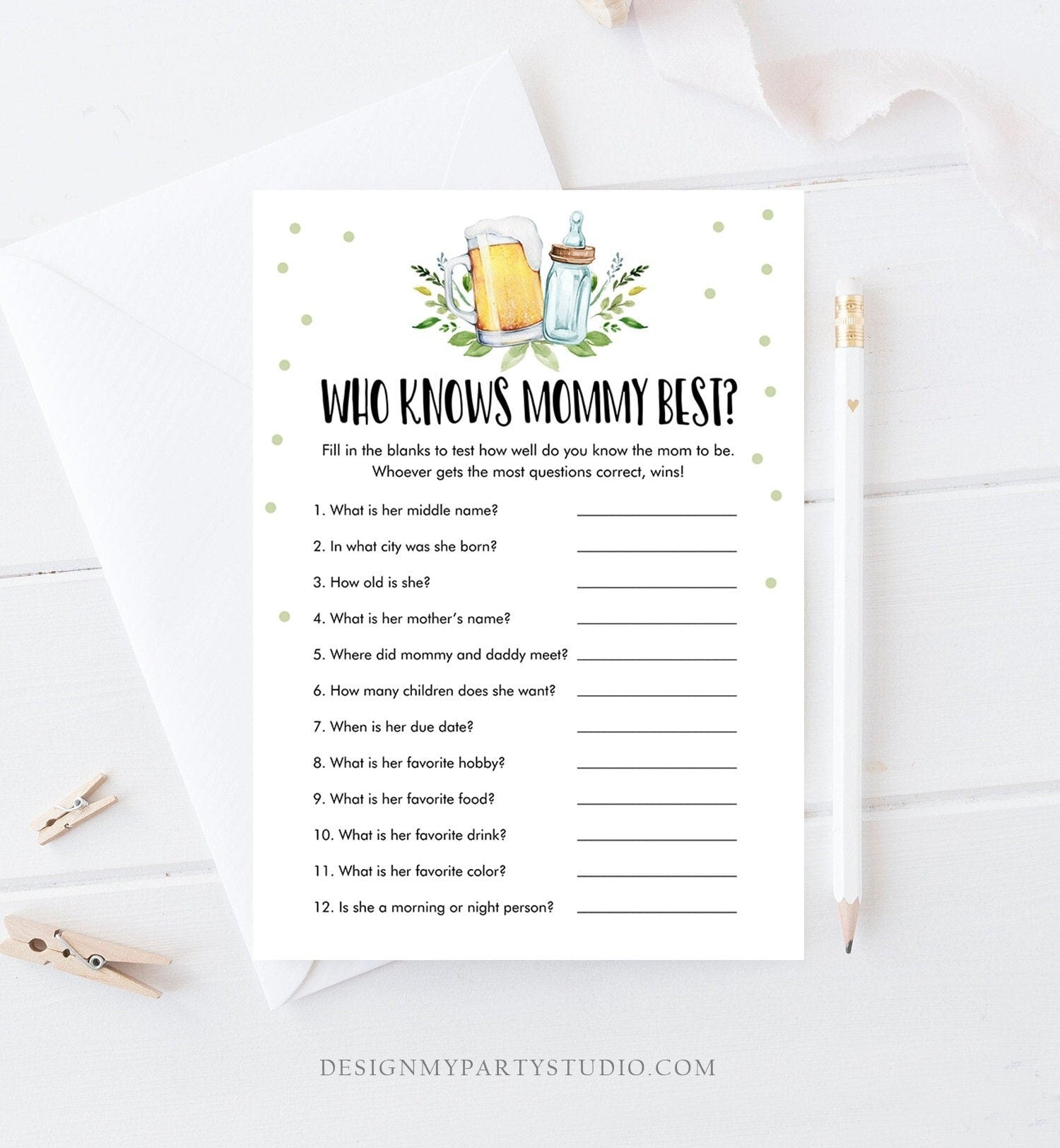 Editable Who Knows Mommy Best Baby Shower Game Greenery Baby is Brewing Shower Activity Neutral Beer Bottle Corjl Template Printable 0190