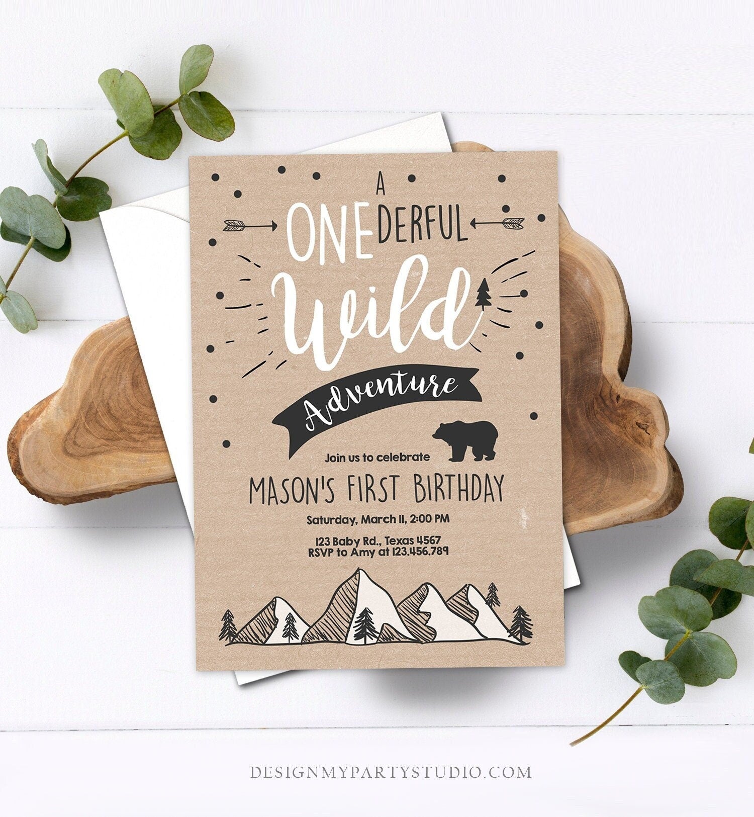 Editable A Onederful Wild Adventure First Birthday Invitation Brown Wild Things Boy Mountains Bear Outdoor Hunter Template Printable 0083