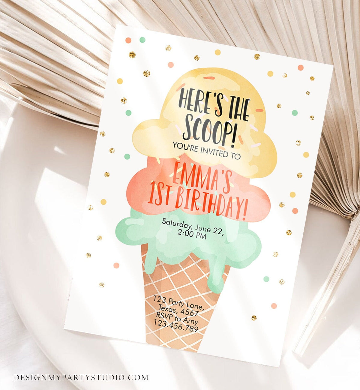 Editable Ice Cream Birthday Invitation First Birthday Party Here's the Scoop Cone Yellow Orange Mint Gold Printable Template Corjl 0243