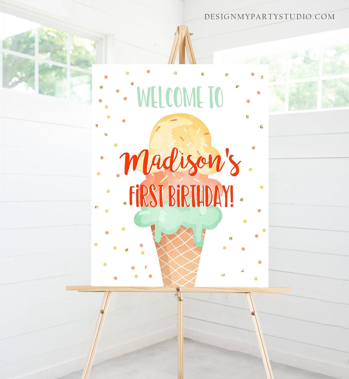 Editable Ice Cream Party Welcome Sign ice Cream Birthday Welcome Ice Cream Welcome Girl Summer Orange Yellow Template PRINTABLE Corjl 0243