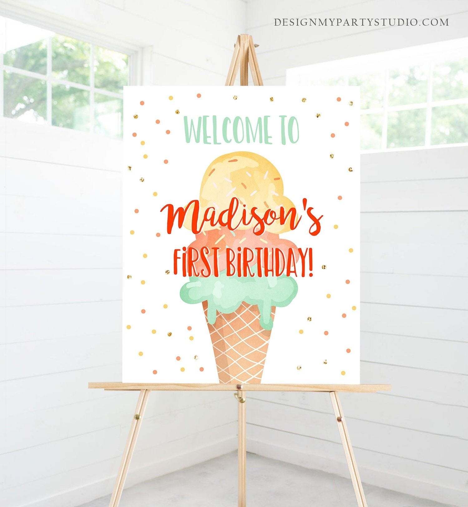 Editable Ice Cream Party Welcome Sign ice Cream Birthday Welcome Ice Cream Welcome Girl Summer Orange Yellow Template PRINTABLE Corjl 0243