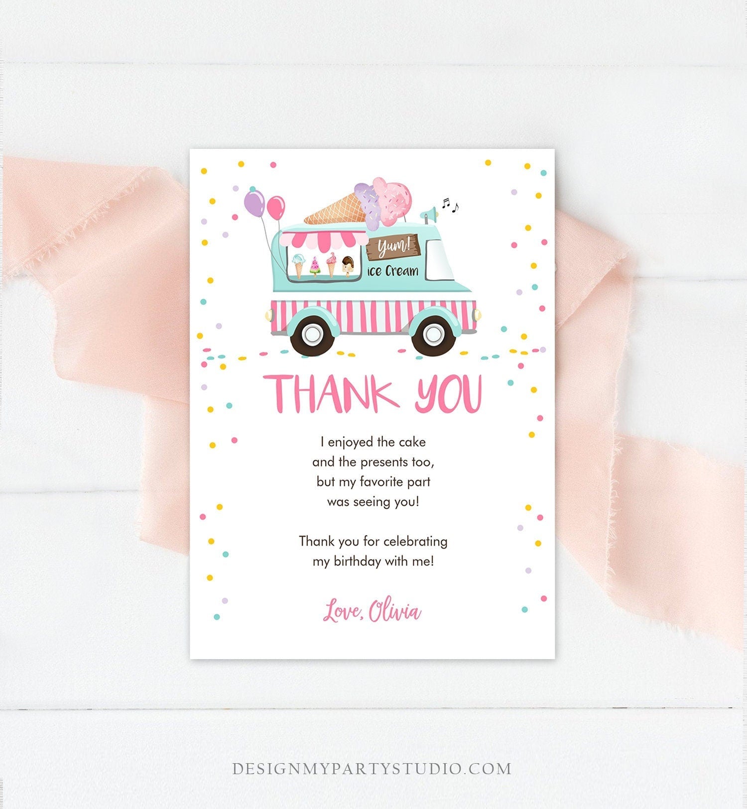 Editable Thank You Card Ice Cream Truck Birthday Thank You Note Ice Cream Social Drive by Party Scoop Printable Template Corjl 0243