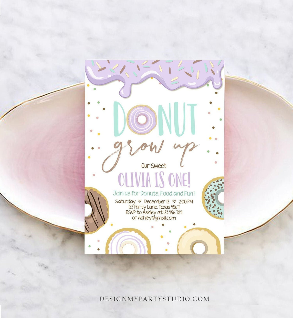 Editable Donut Grow Up Birthday Invitation First Birthday Party Lavender Girl Doughnut Sweet Digital Download Printable Template Corjl 0320