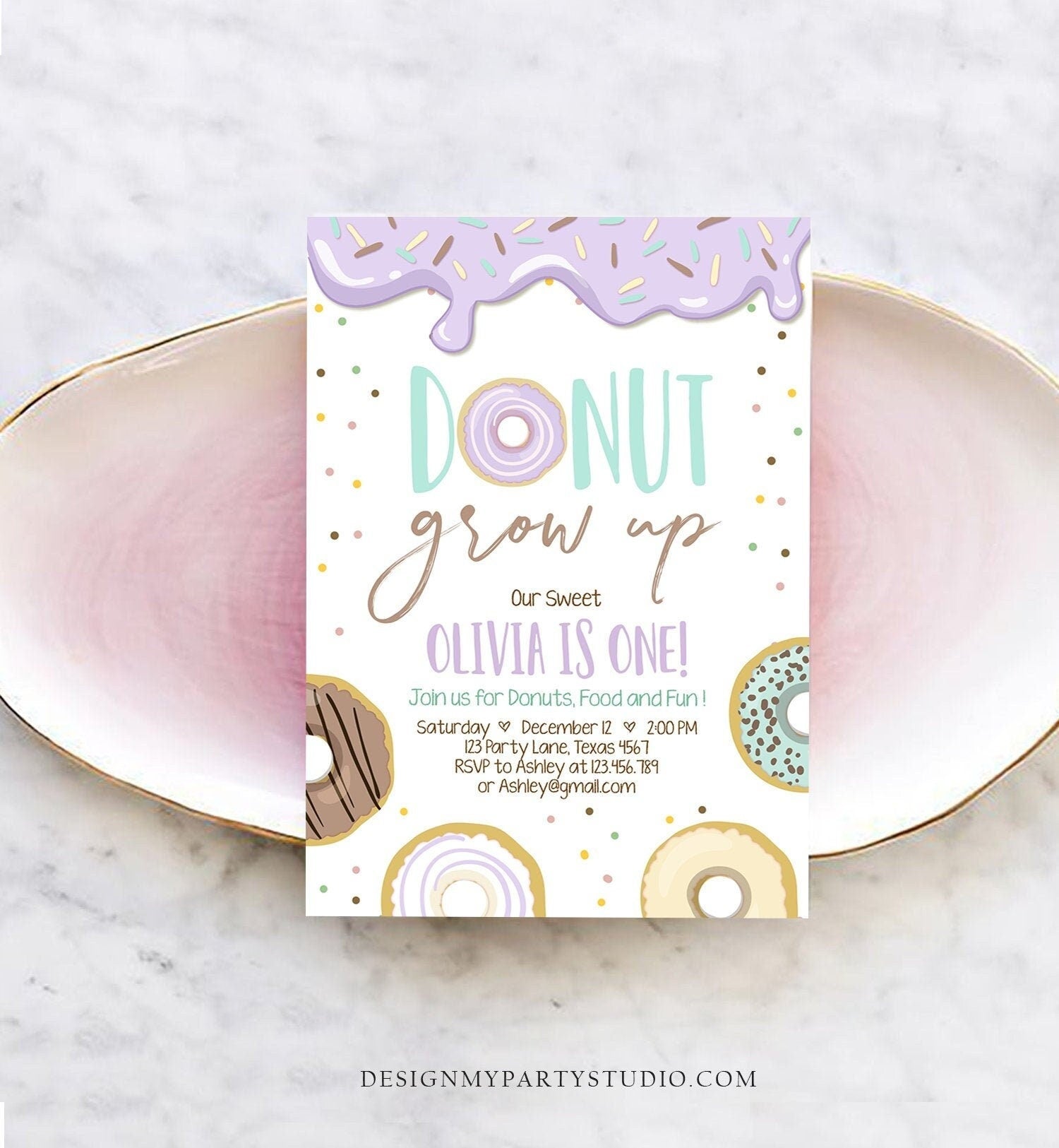 Editable Donut Grow Up Birthday Invitation First Birthday Party Lavender Girl Doughnut Sweet Digital Download Printable Template Corjl 0320