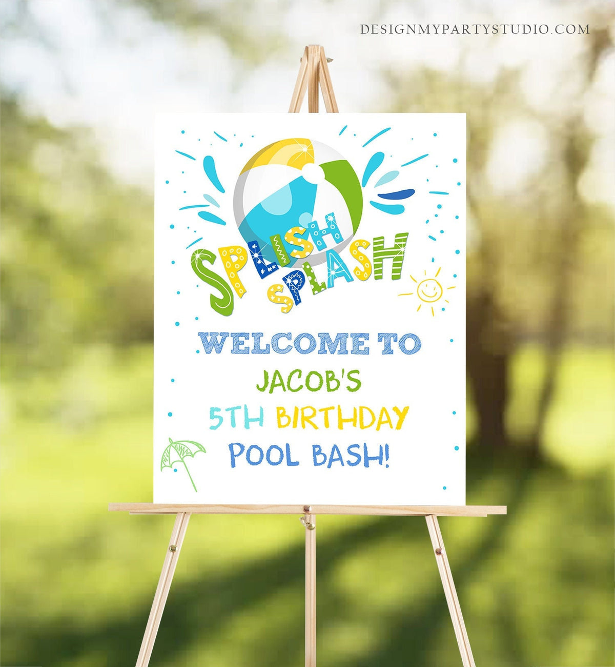 Editable Pool Party Welcome Sign Pool Party Birthday Swimming Beach Ball Bash Boy Splish Splash Digital Download Template Printable 0169
