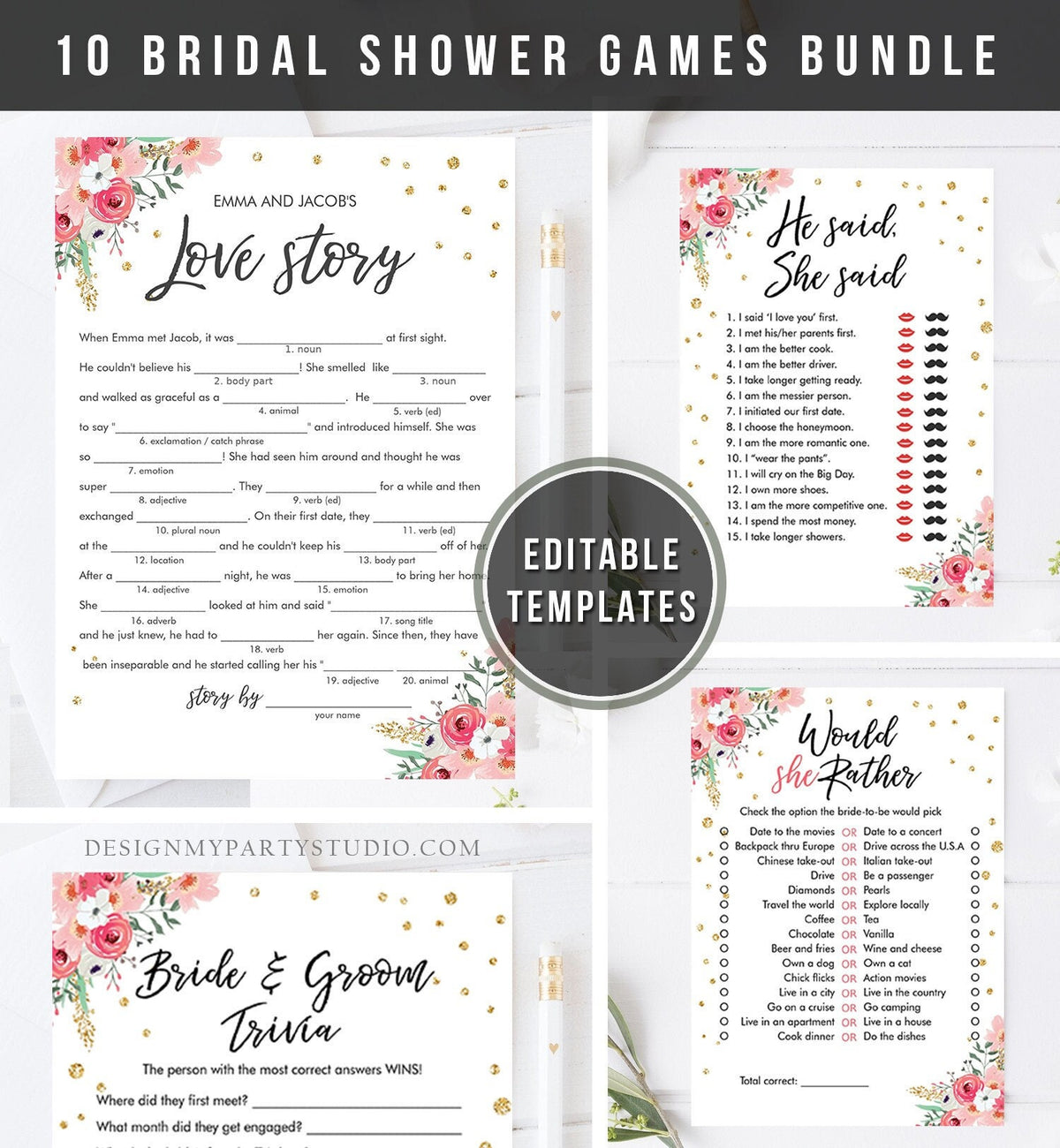 Editable Travel Adventure Floral Bridal Shower Games Bundle Wedding Shower Activity Pink Gold Confetti Digital Template Printable 0030 0318