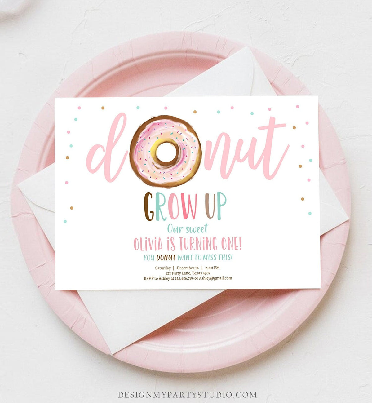 Editable Donut Grow Up Birthday Invitation First Birthday Party Pink Girl Doughnut Sweet Digital Digital Download Template Printable 0368