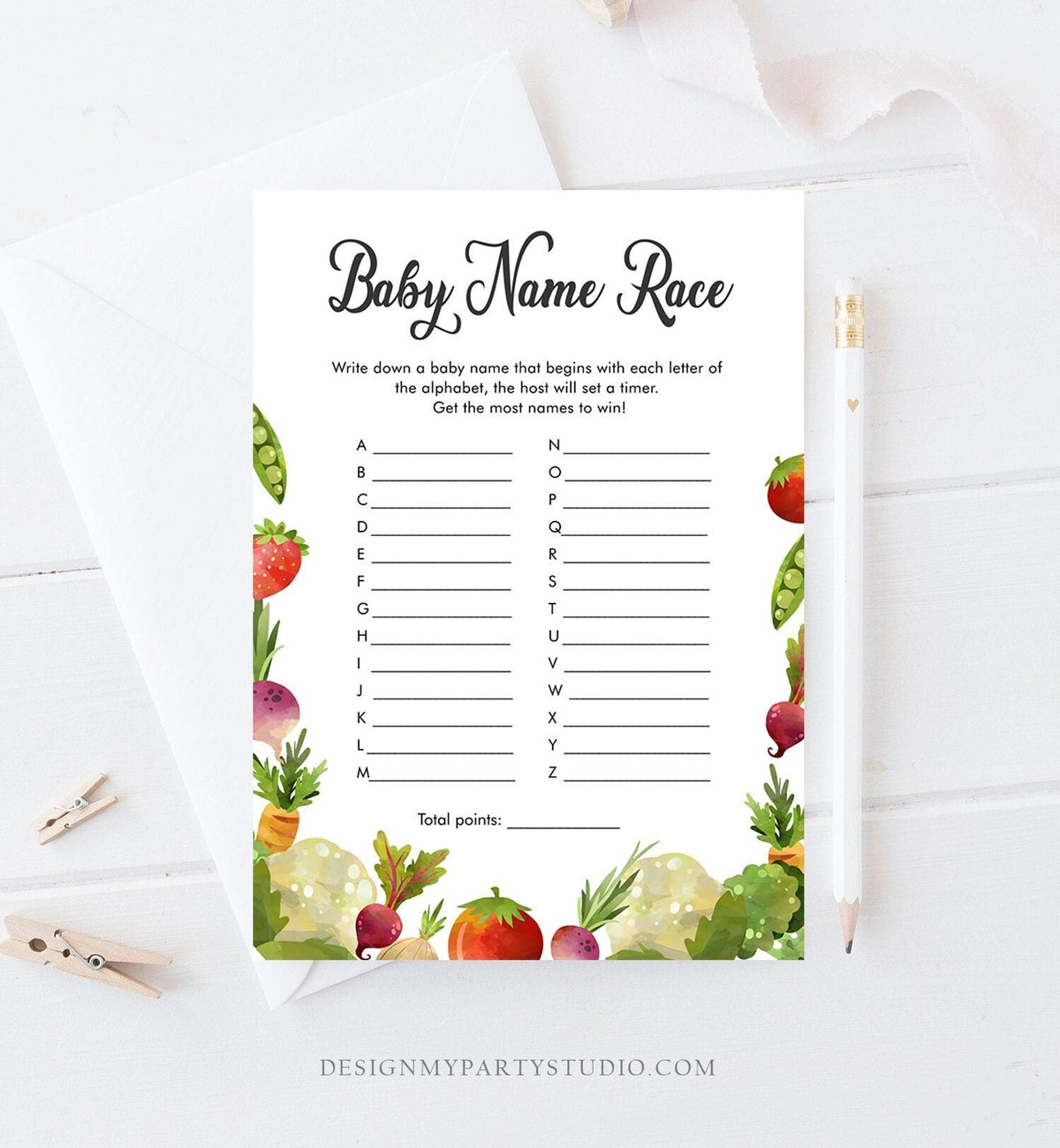 Editable Baby Name Race Baby Shower Game Locally Grown Farmers Market Fruit Vegetables Farm Barn Fun Names Digital Template Printable 0144