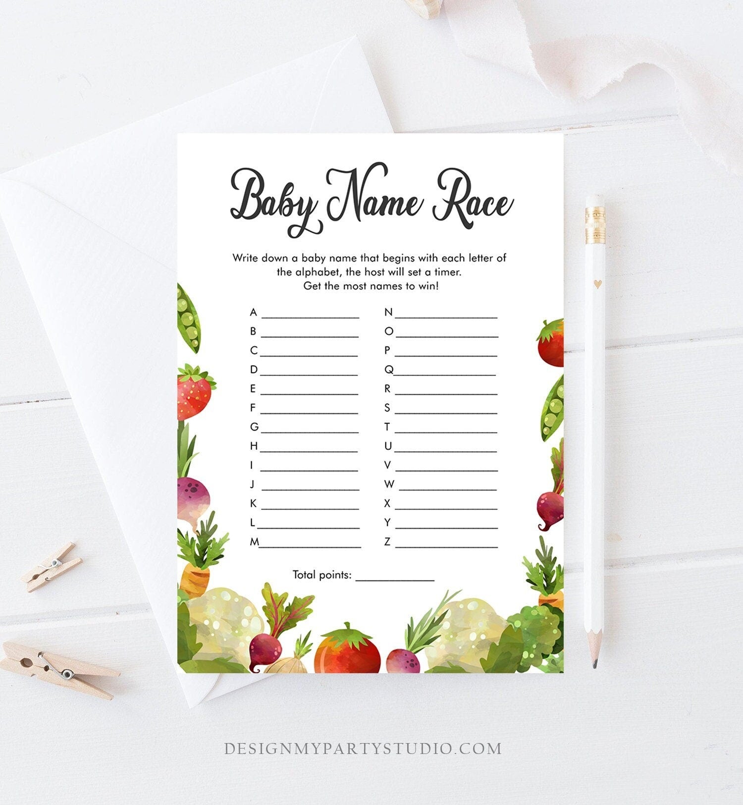 Editable Baby Name Race Baby Shower Game Locally Grown Farmers Market Fruit Vegetables Farm Barn Fun Names Digital Template Printable 0144