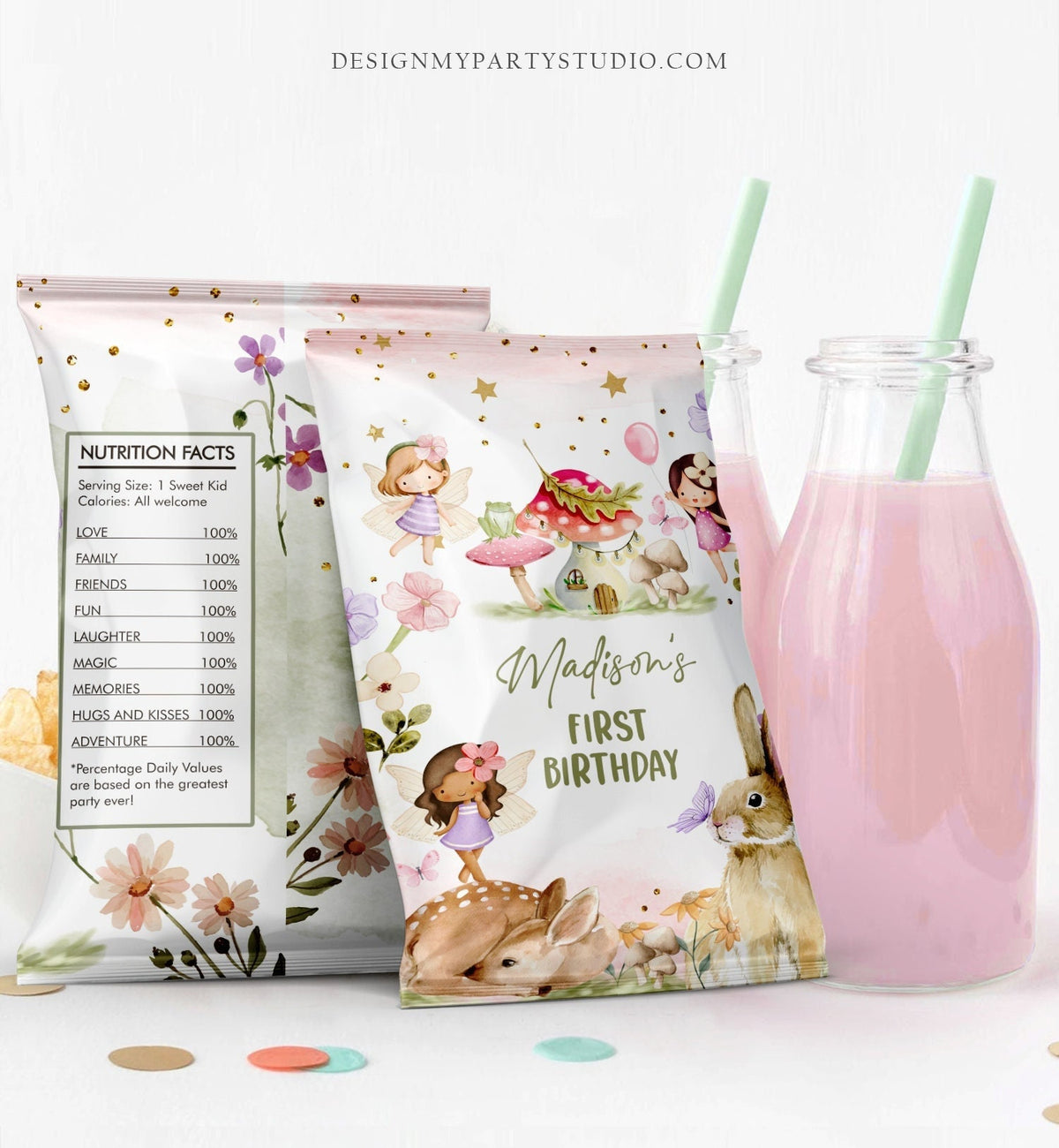 Editable Fairy Birthday Chip Bag Fairy Party Decor Girl 1st Birthday Fairy Garden 1st Birthday Snack Favors Digital Template Printable 0438