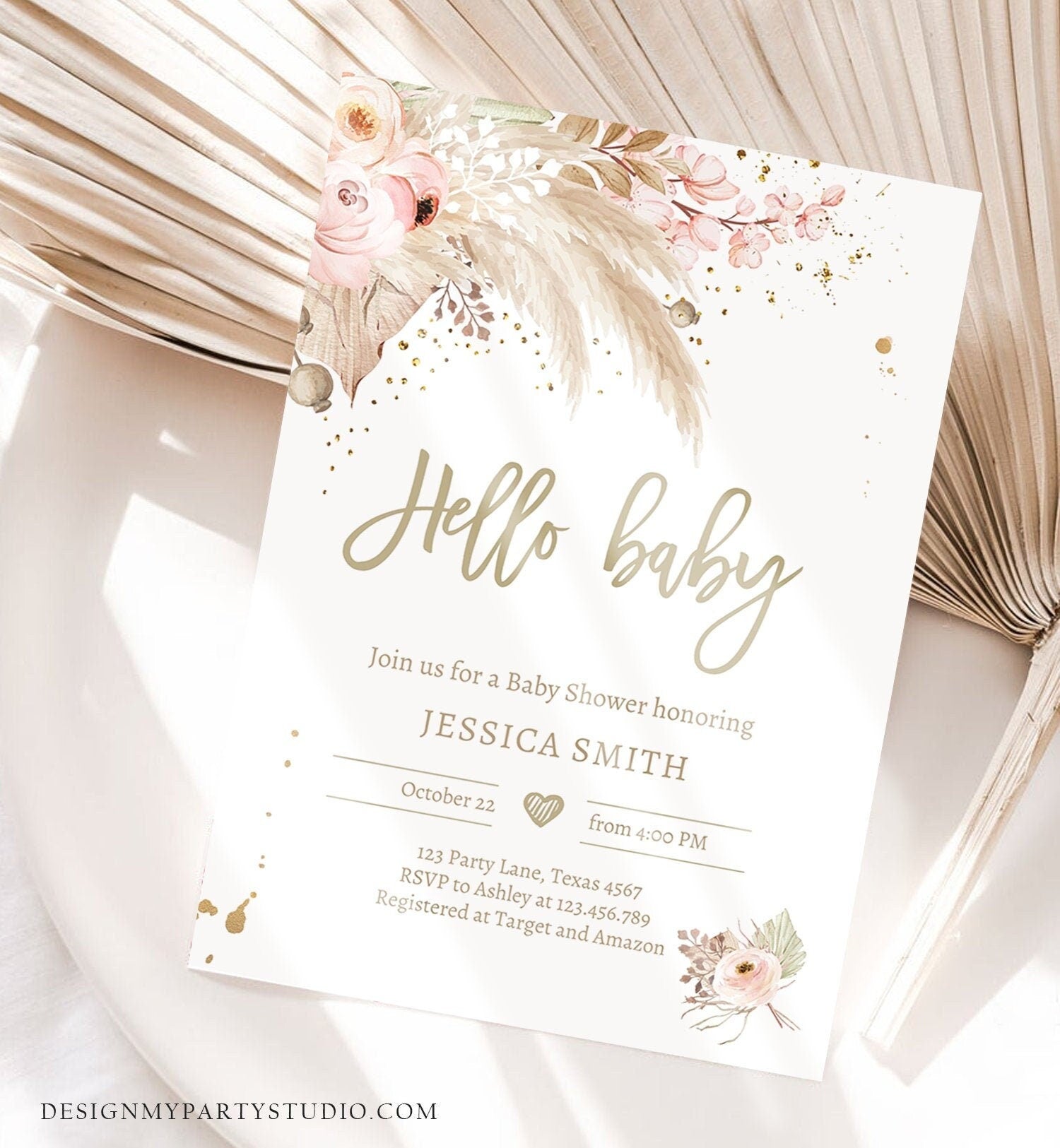 Editable Pampas Grass Baby Shower Invitation Boho Baby Shower Bohemian Shower Tropical Digital Download Evite Template Printable 0395