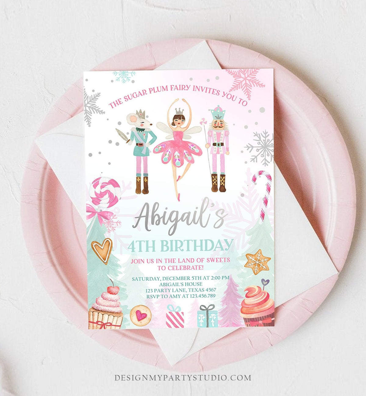 Editable Nutcracker Birthday Invitation Girl Land of Sweets Winter Pink Girl Sugar Plum Fairy Digital Download Template Printable 0352