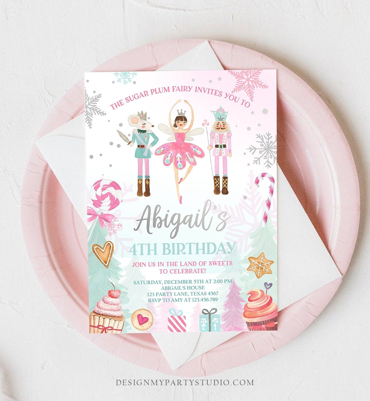 Editable Nutcracker Birthday Invitation Girl Land of Sweets Winter Pink Girl Sugar Plum Fairy Digital Download Template Printable 0352
