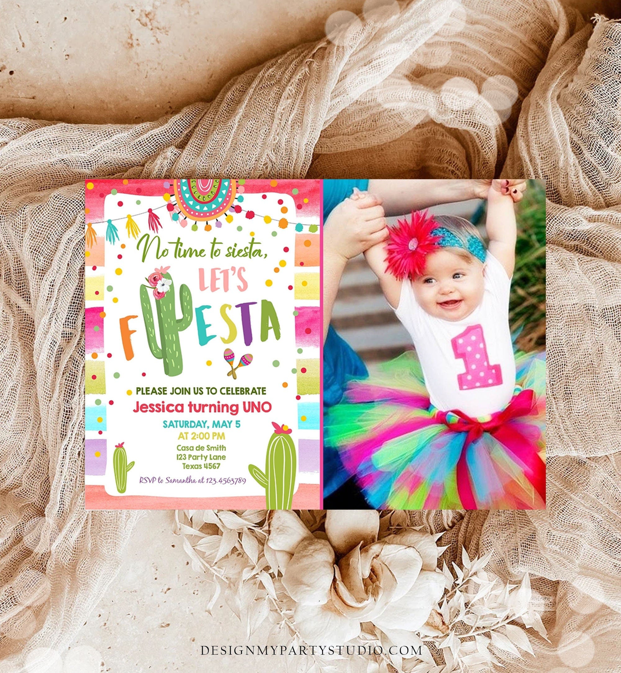 succulent birthday invitations Editable Let's Fiesta Birthday Invitation Cactus Succulent First Birth