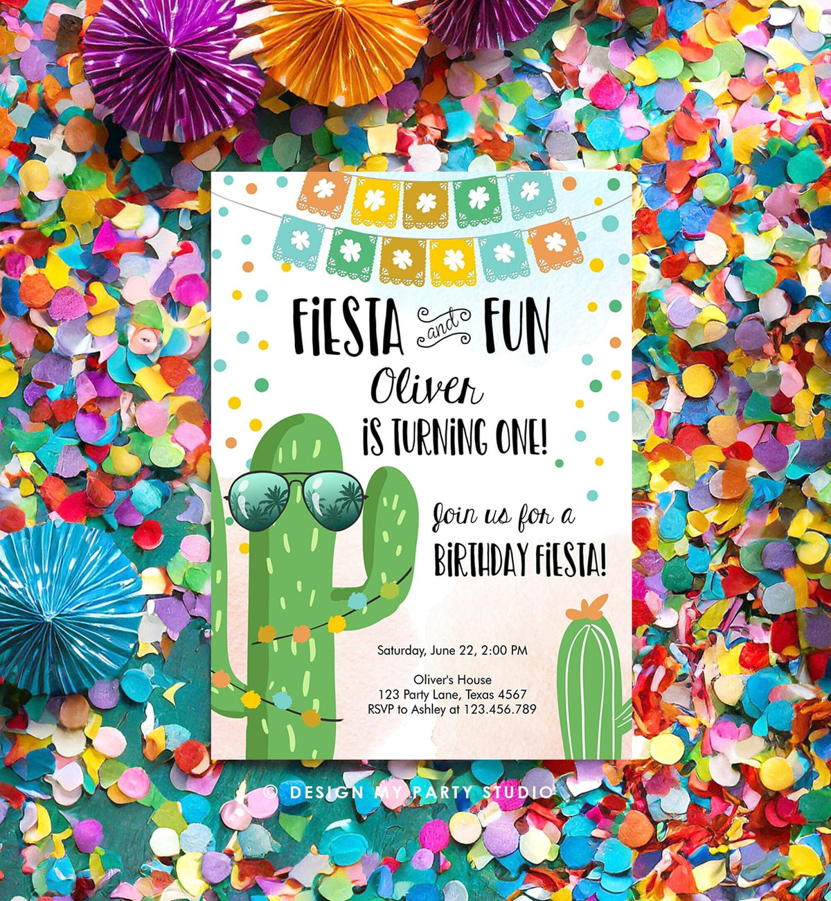 Editable Fiesta and Fun Birthday Invitation First Fiesta Cactus Sunglasses Blue Boy ANY AGE Digital Download Evite Template Printable 0135