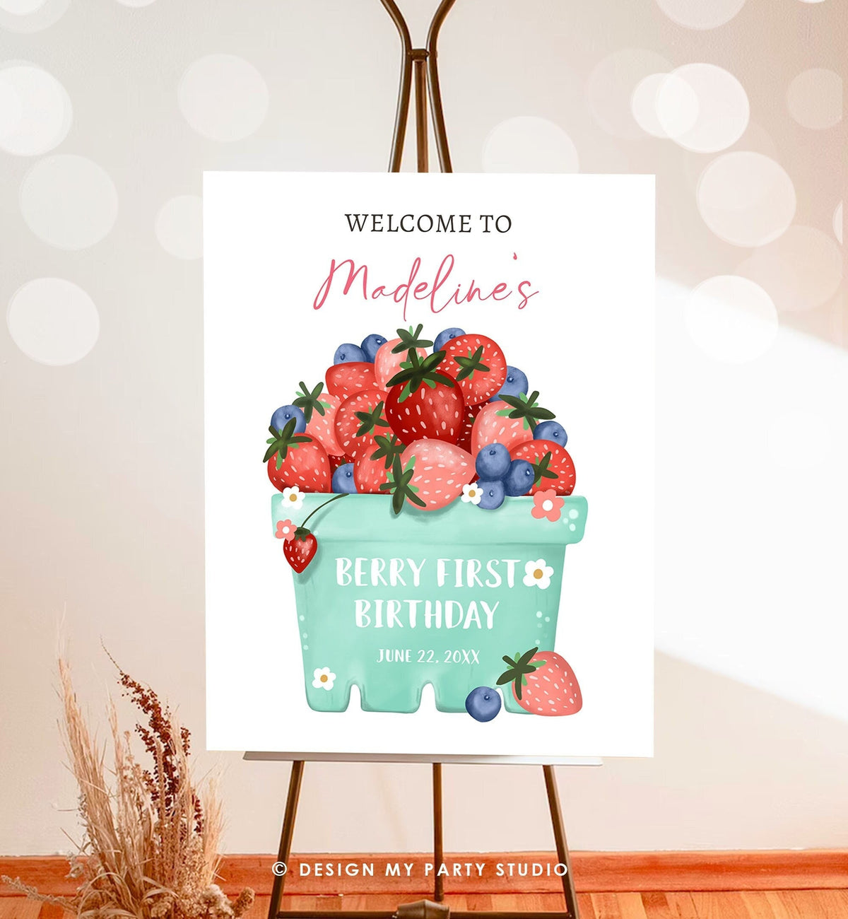 Editable Berry First Birthday Welcome Sign Strawberry Blueberry Party Welcome Farmers Market Berry Sweet Digital Template Printable 0506