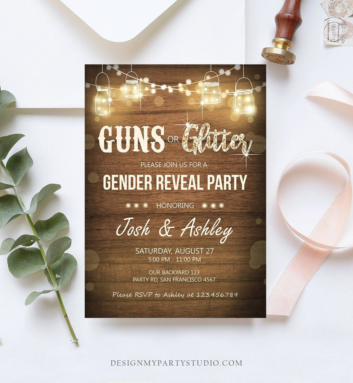 Editable Guns or Glitter Gender Reveal Invitation Baby Shower Boy Girl He or She Western Rustic Wood Digital Evite Template Printable 0015