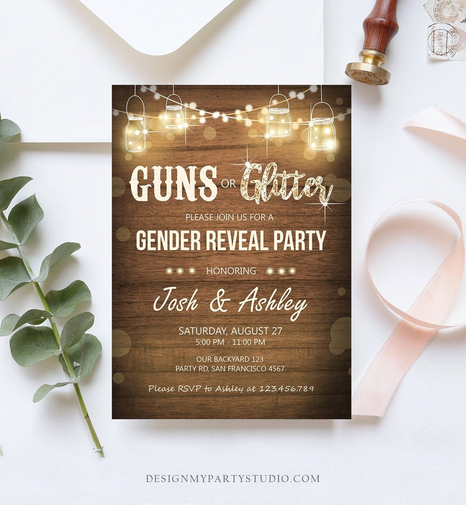 Editable Guns or Glitter Gender Reveal Invitation Baby Shower Boy Girl He or She Western Rustic Wood Digital Evite Template Printable 0015