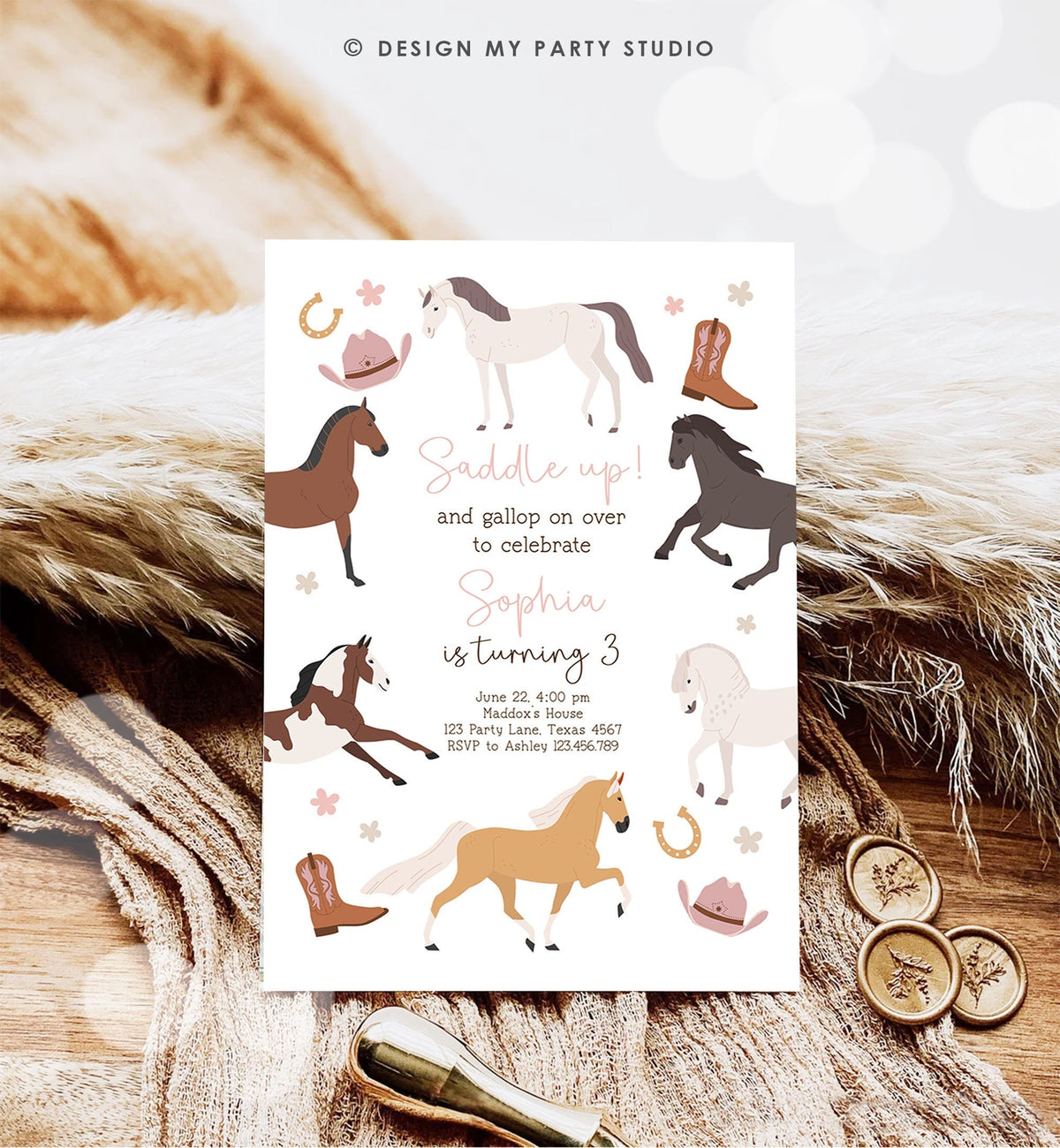 Editable Horse Birthday Invitation Girl Saddle Up Cowgirl Horse Party Horse Invite Pink Pony Floral Digital Download Template Printable 0513