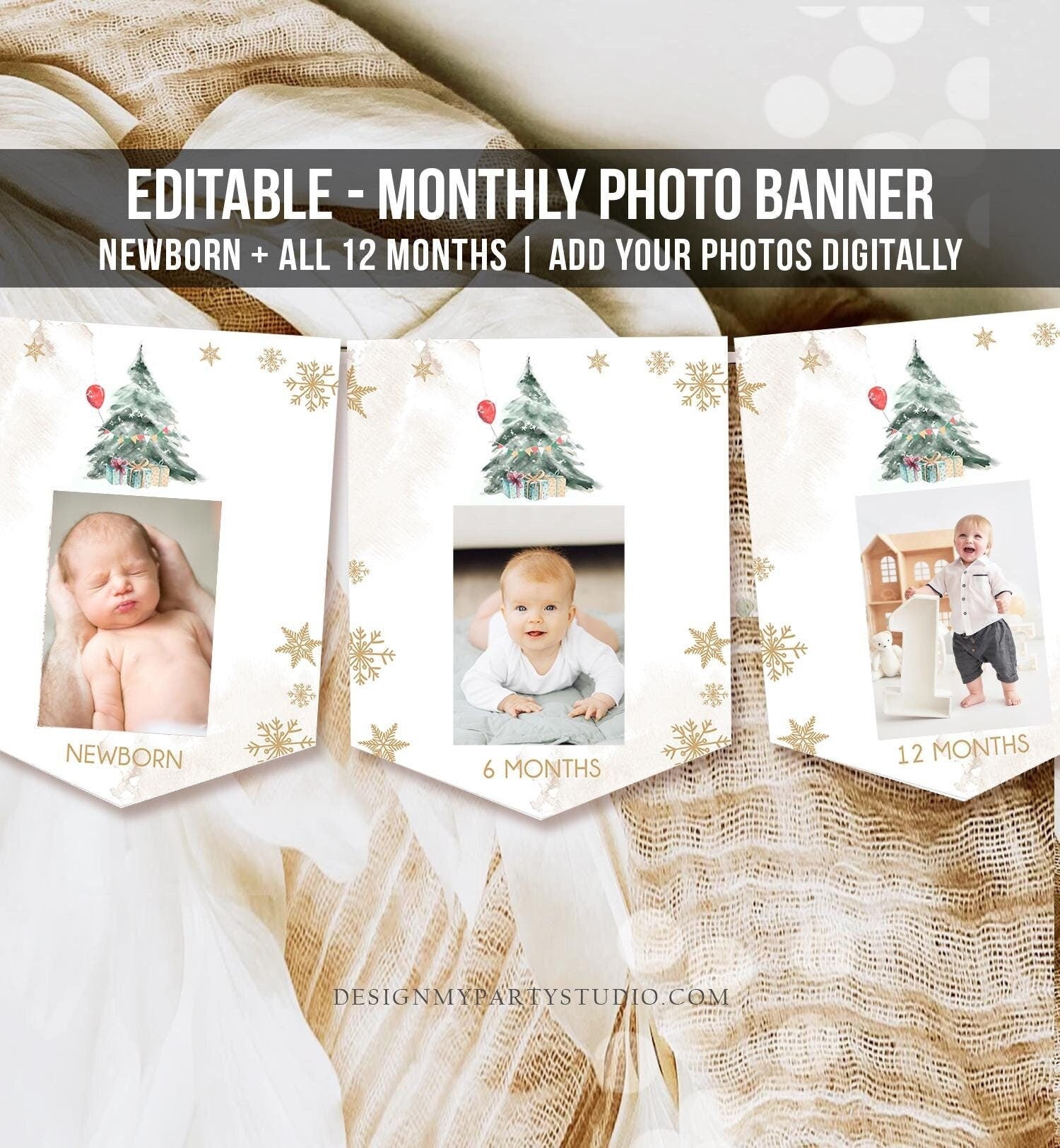 Editable Winter Onederland First Birthday Banner Monthly Photo Banner Tree Watercolor Snow Neutral Gold Boy Digital Template Printable 0363