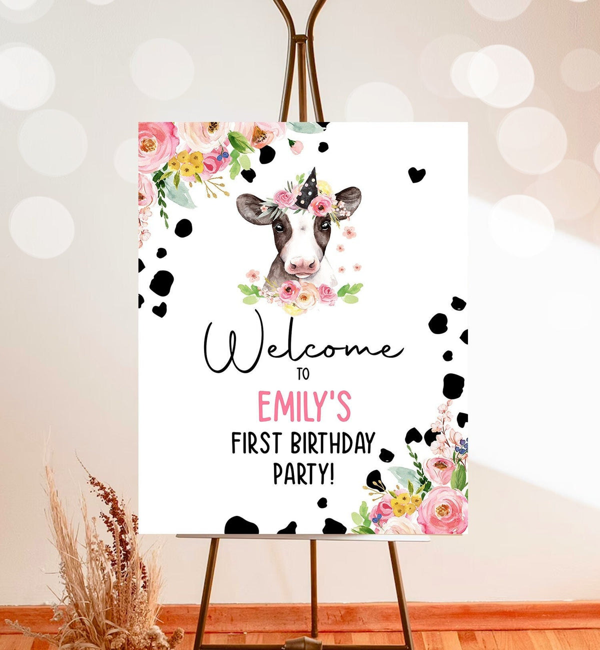 Editable Cow Birthday Welcome Sign Barnyard Birthday Welcome Sign Pink Farm Animals Girl Digital Download Template Printable 0434