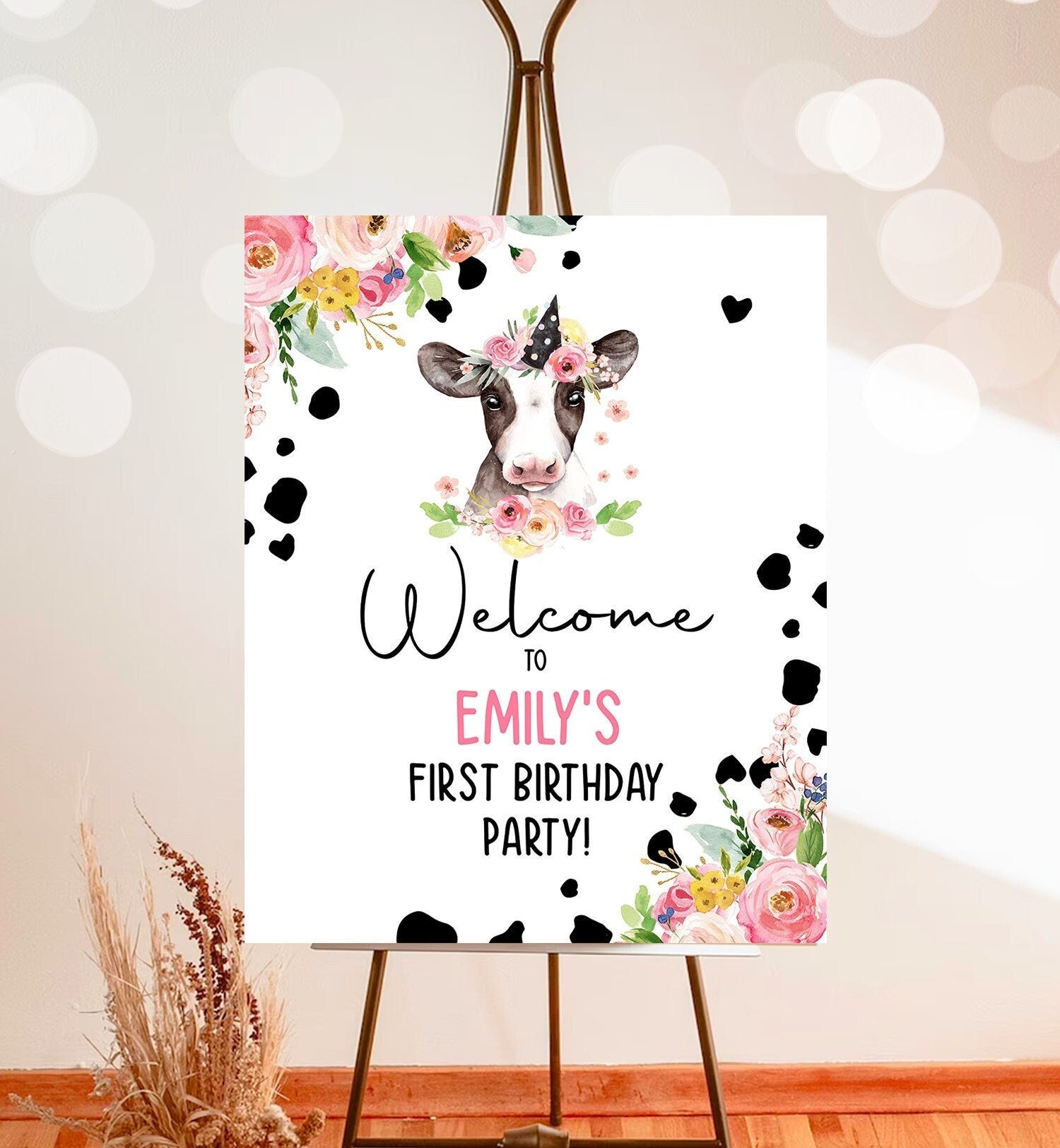 Editable Cow Birthday Welcome Sign Barnyard Birthday Welcome Sign Pink Farm Animals Girl Digital Download Template Printable 0434