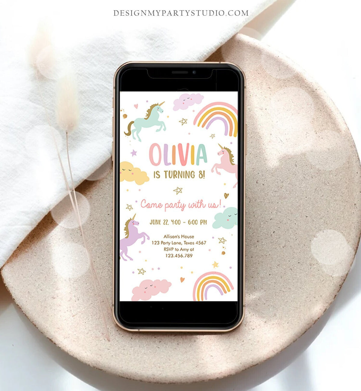 Editable Unicorn Birthday Evite Magical Party Invite Girl Pastel First Digital Unicorn Party Template Rainbow Phone Digital Electronic 0426