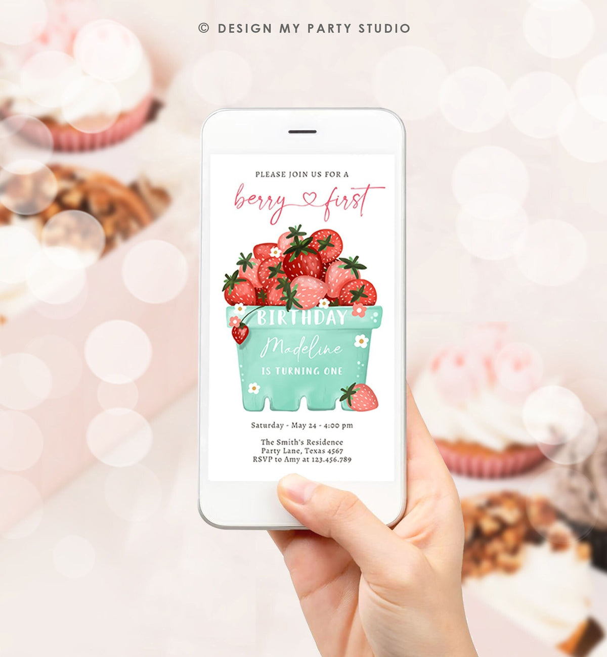 Editable Berry First Birthday Evite Electronic Strawberry Birthday Berry Sweet Strawberries 1st Digital Download Phone Template 0506