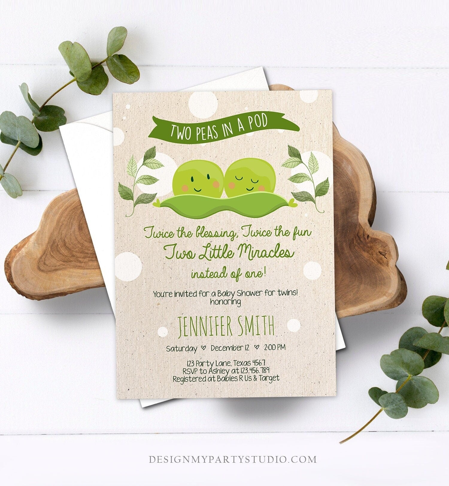 Editable Twin Baby Shower Invitation Two Peas In a Pod Baby Shower Green Neutral Sweet Pea Digital Download Evite Template Printable 0020